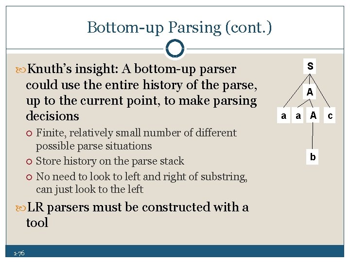 Bottom up Parsing (cont. ) Knuth’s insight: A bottom up parser could use the