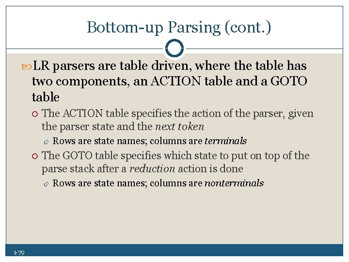 Bottom up Parsing (cont. ) LR parsers are table driven, where the table has