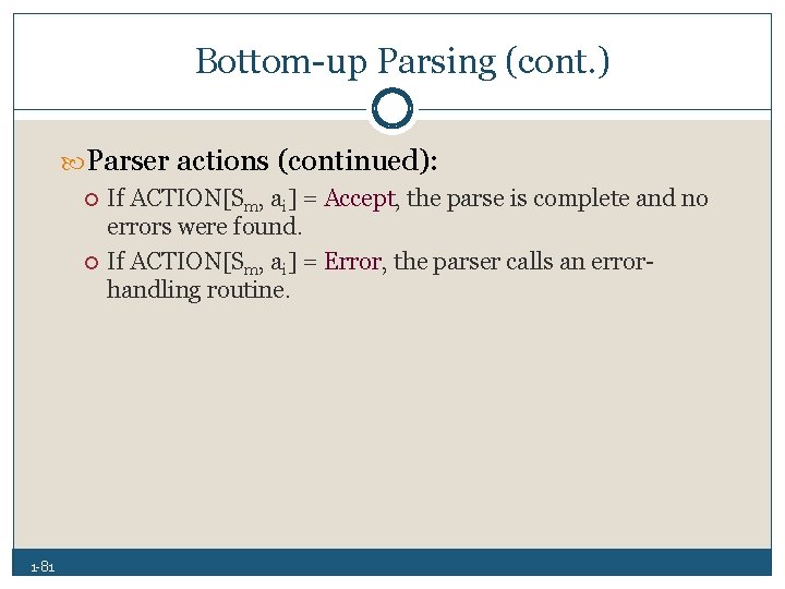 Bottom up Parsing (cont. ) Parser actions (continued): 1 81 If ACTION[Sm, ai] =