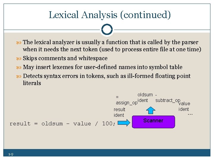 Lexical Analysis (continued) The lexical analyzer is usually a function that is called by