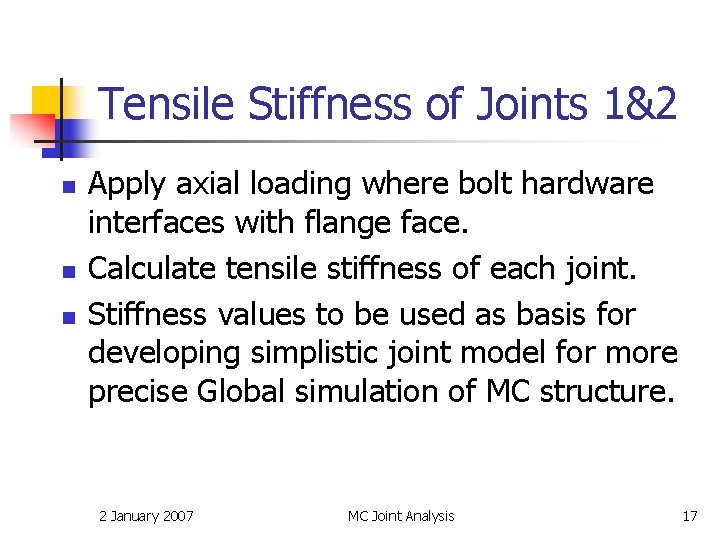 Tensile Stiffness of Joints 1&2 n n n Apply axial loading where bolt hardware