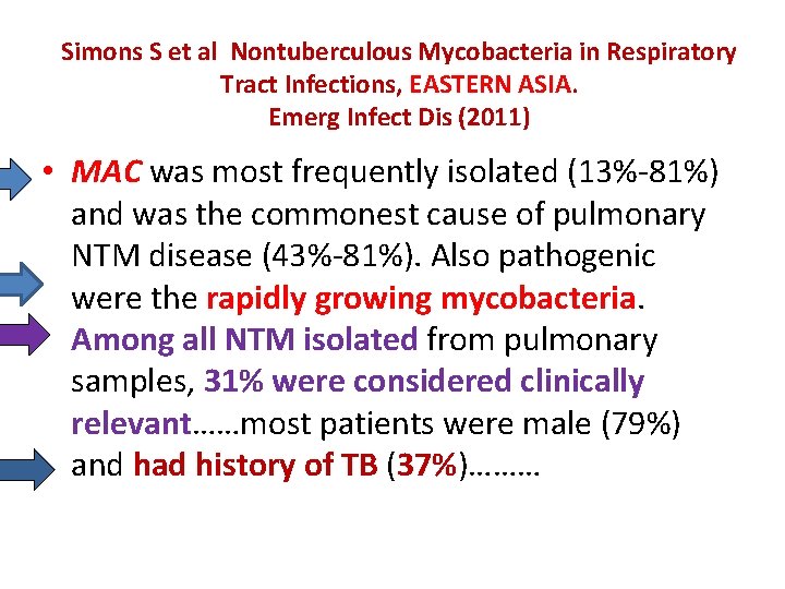 Simons S et al Nontuberculous Mycobacteria in Respiratory Tract Infections, EASTERN ASIA. Emerg Infect