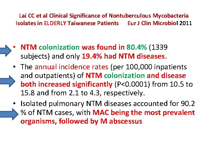 Lai CC et al Clinical Significance of Nontuberculous Mycobacteria Isolates in ELDERLY Taiwanese Patients