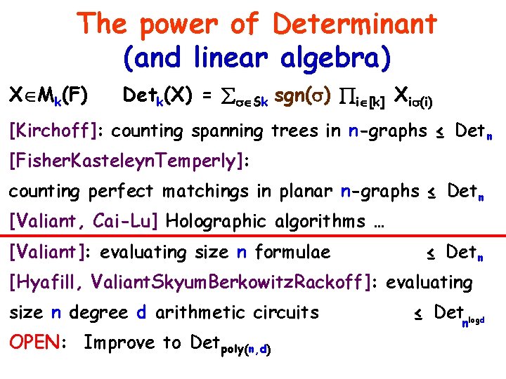 The power of Determinant (and linear algebra) X Mk(F) Detk(X) = Sk sgn( )