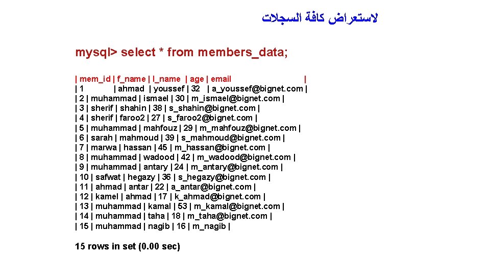  ﻻﺳﺘﻌﺮﺍﺽ ﻛﺎﻓﺔ ﺍﻟﺴﺠﻼﺕ mysql> select * from members_data; | mem_id | f_name |