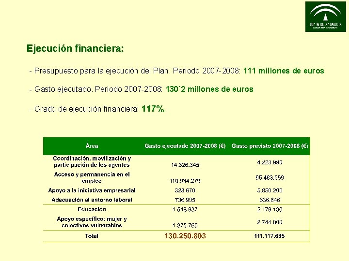 Ejecución financiera: - Presupuesto para la ejecución del Plan. Periodo 2007 -2008: 111 millones