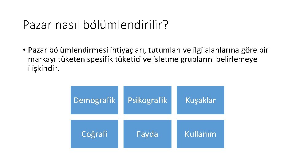 Pazar nasıl bölümlendirilir? • Pazar bölümlendirmesi ihtiyaçları, tutumları ve ilgi alanlarına göre bir markayı