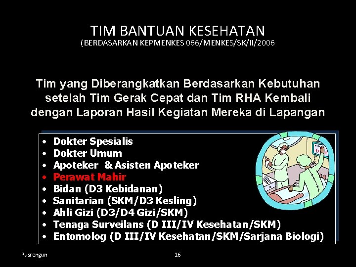 TIM BANTUAN KESEHATAN (BERDASARKAN KEPMENKES 066/MENKES/SK/II/2006 Tim yang Diberangkatkan Berdasarkan Kebutuhan setelah Tim Gerak