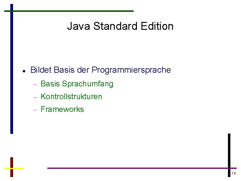Java Standard Edition Bildet Basis der Programmiersprache Basis Sprachumfang Kontrollstrukturen Frameworks 14 