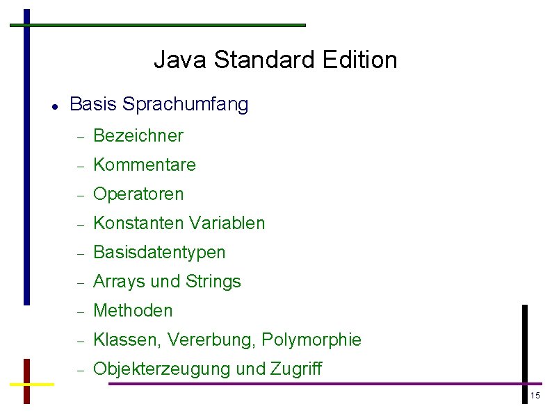 Java Standard Edition Basis Sprachumfang Bezeichner Kommentare Operatoren Konstanten Variablen Basisdatentypen Arrays und Strings