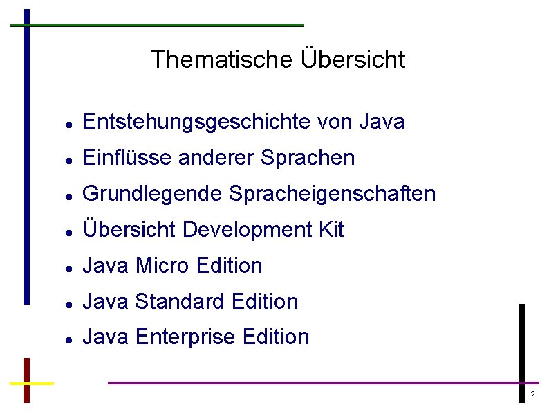 Thematische Übersicht Entstehungsgeschichte von Java Einflüsse anderer Sprachen Grundlegende Spracheigenschaften Übersicht Development Kit Java