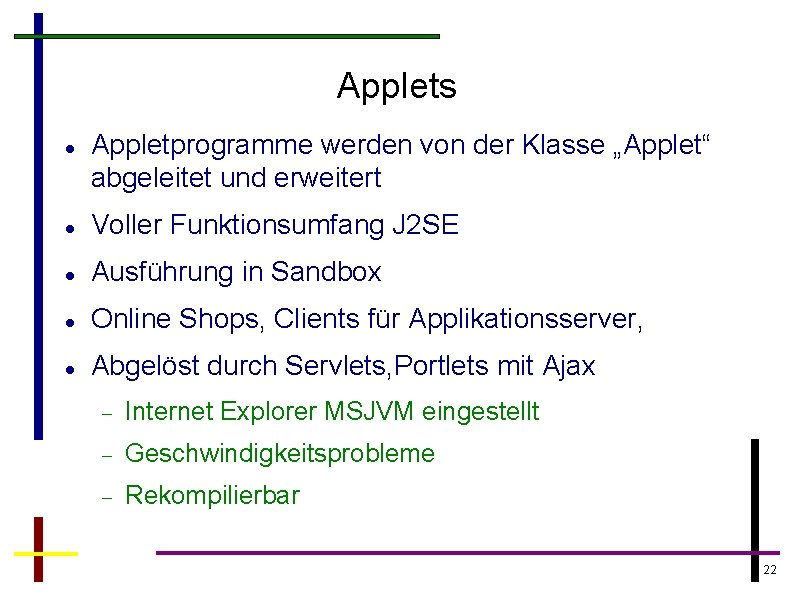 Applets Appletprogramme werden von der Klasse „Applet“ abgeleitet und erweitert Voller Funktionsumfang J 2