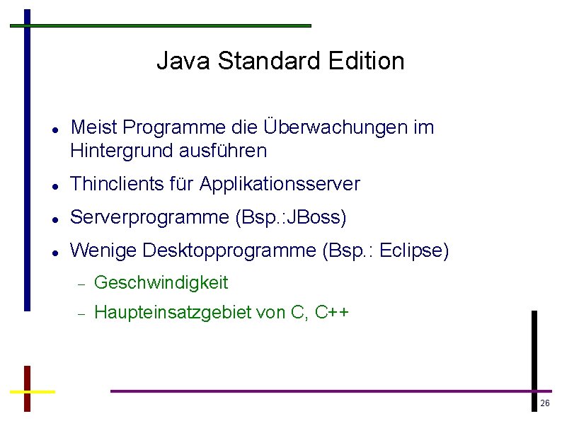 Java Standard Edition Meist Programme die Überwachungen im Hintergrund ausführen Thinclients für Applikationsserver Serverprogramme