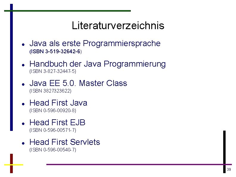 Literaturverzeichnis Java als erste Programmiersprache (ISBN 3 -519 -32642 -6) Handbuch der Java Programmierung