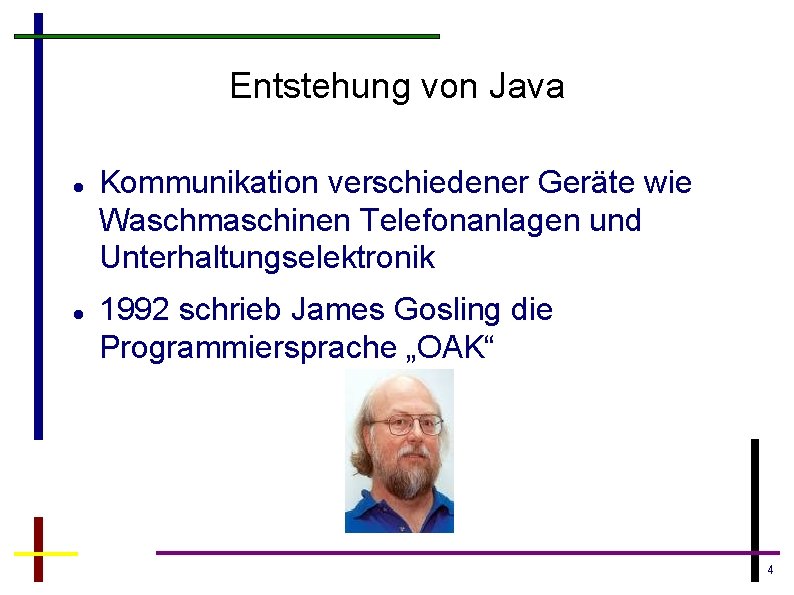 Entstehung von Java Kommunikation verschiedener Geräte wie Waschmaschinen Telefonanlagen und Unterhaltungselektronik 1992 schrieb James