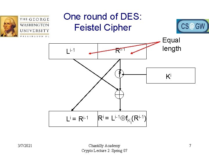 One round of DES: Feistel Cipher Ri-1 Li-1 ff Li = Ri-1 3/7/2021 Equal