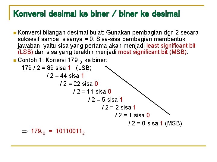 Konversi desimal ke biner / biner ke desimal Konversi bilangan desimal bulat: Gunakan pembagian