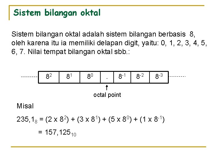 Sistem bilangan oktal adalah sistem bilangan berbasis 8, oleh karena itu ia memiliki delapan