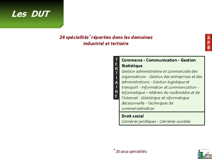 Les DUT 24 spécialités* réparties dans les domaines industriel et tertiaire T E R