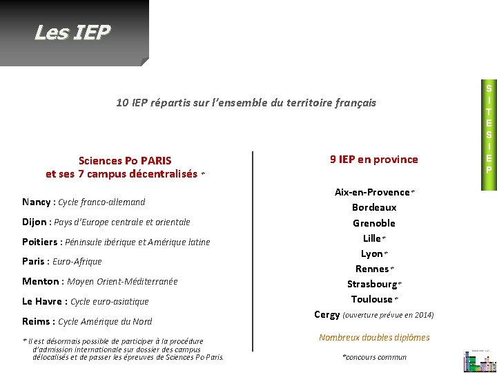 Les IEP 10 IEP répartis sur l’ensemble du territoire français Sciences Po PARIS et