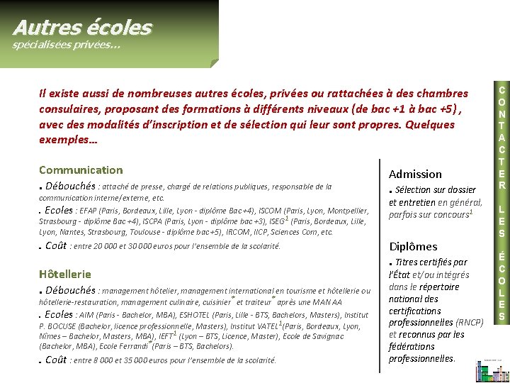 Autres écoles spécialisées privées… Il existe aussi de nombreuses autres écoles, privées ou rattachées