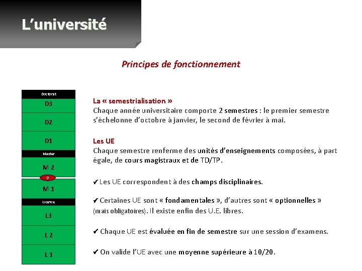 L’université Principes de fonctionnement Doctorat D 3 D 2 D 1 Master M 2