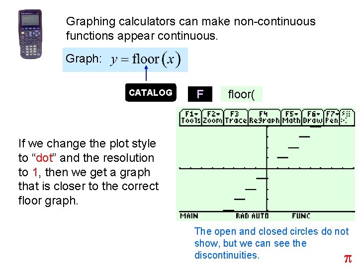 Graphing calculators can make non-continuous functions appear continuous. Graph: CATALOG F floor( If we
