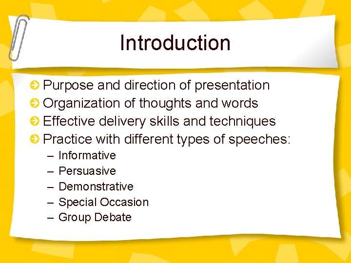 Introduction Purpose and direction of presentation Organization of thoughts and words Effective delivery skills