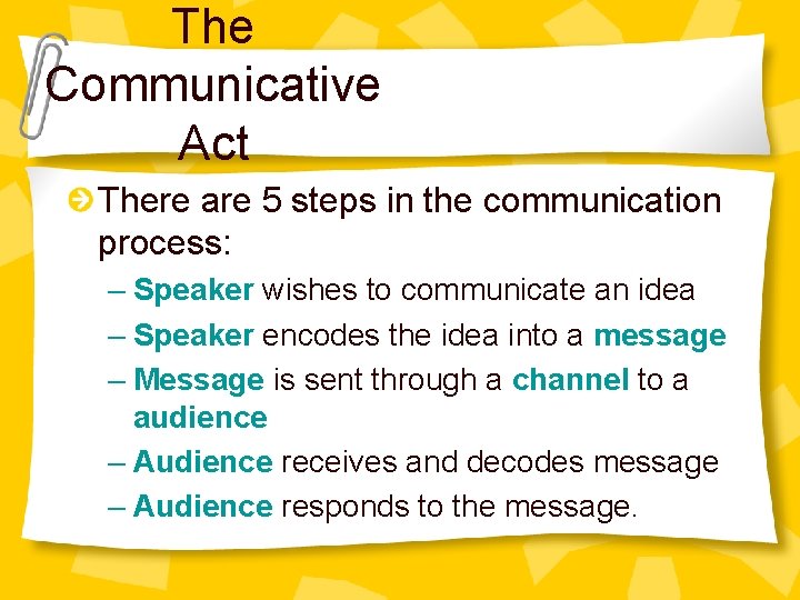 The Communicative Act There are 5 steps in the communication process: – Speaker wishes