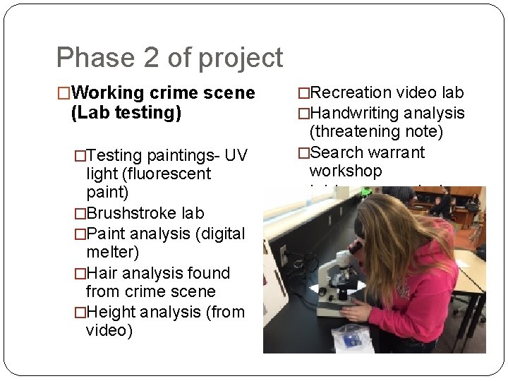 Phase 2 of project �Working crime scene (Lab testing) �Testing paintings- UV light (fluorescent