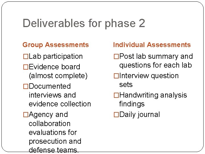 Deliverables for phase 2 Group Assessments Individual Assessments �Lab participation �Post lab summary and