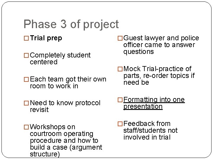 Phase 3 of project � Trial prep � Completely student centered � Each team