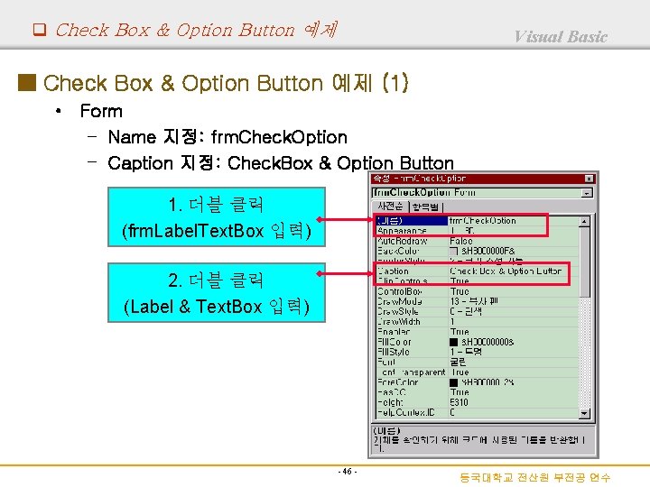 q Check Box & Option Button 예제 Visual Basic ■ Check Box & Option