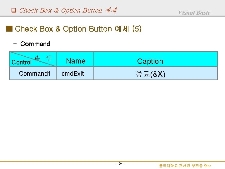 q Check Box & Option Button 예제 Visual Basic ■ Check Box & Option