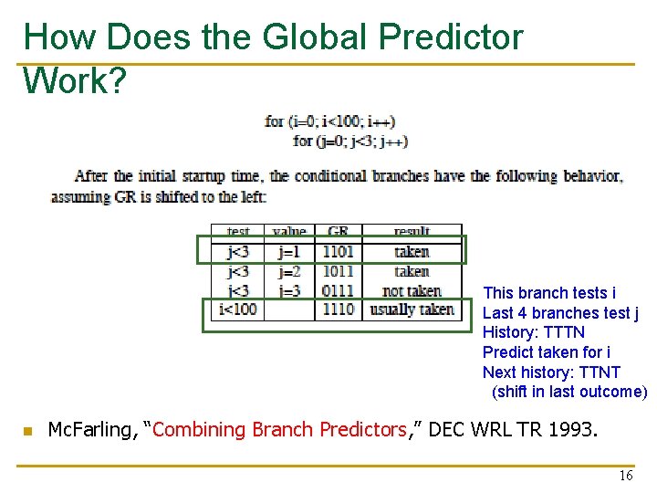 How Does the Global Predictor Work? This branch tests i Last 4 branches test How Does the Global Predictor Work? This branch tests i Last 4 branches test