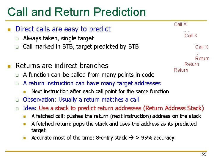 Call and Return Prediction n Direct calls are easy to predict q q n