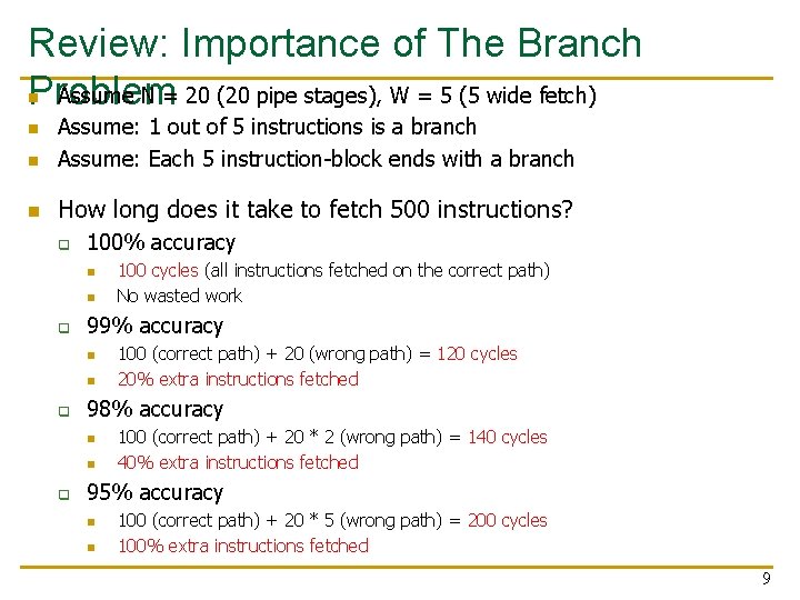 Review: Importance of The Branch Assume N = 20 (20 pipe stages), W =