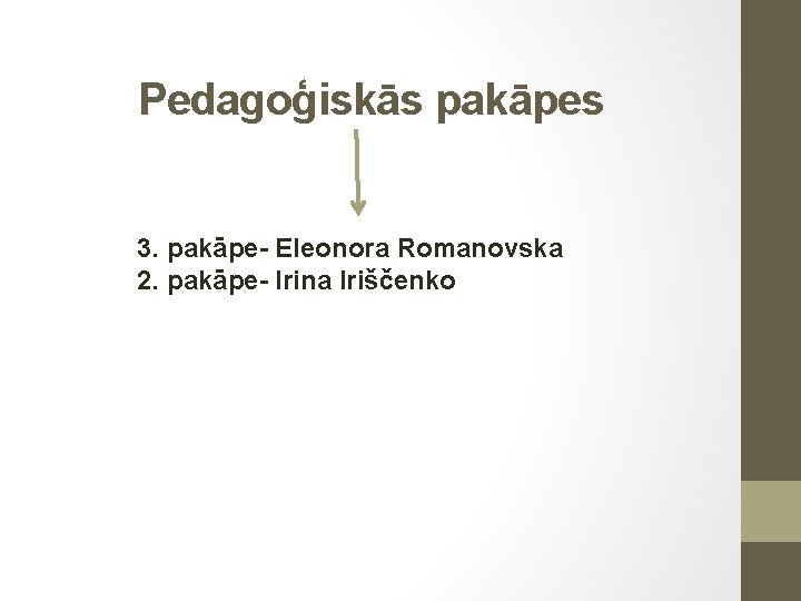 Pedagoģiskās pakāpes 3. pakāpe- Eleonora Romanovska 2. pakāpe- Irina Iriščenko 