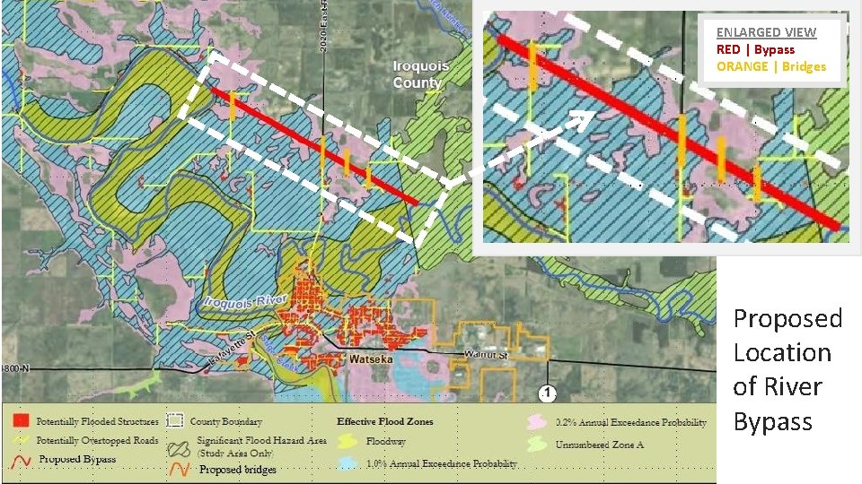 ENLARGED VIEW RED | Bypass ORANGE | Bridges Proposed Location of River Bypass 