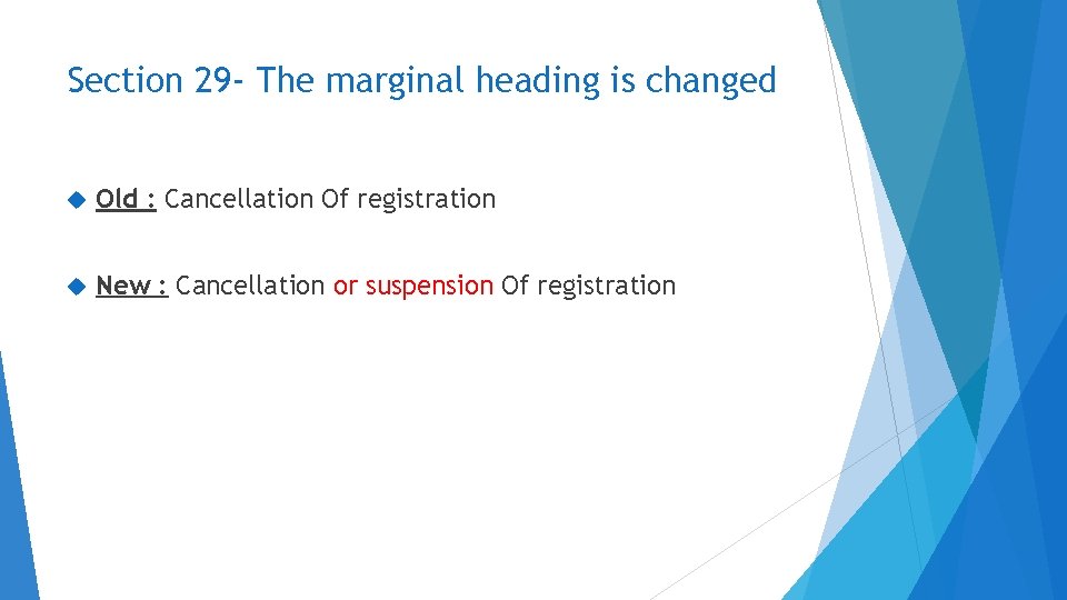 Section 29 - The marginal heading is changed Old : Cancellation Of registration New