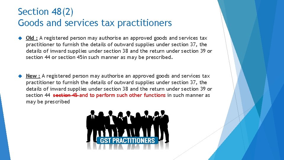 Section 48(2) Goods and services tax practitioners Old : A registered person may authorise