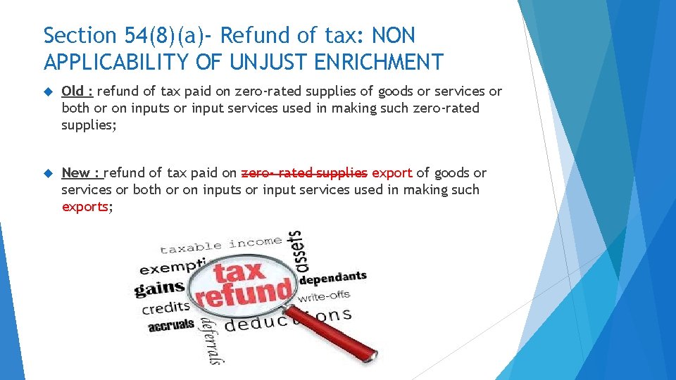 Section 54(8)(a)- Refund of tax: NON APPLICABILITY OF UNJUST ENRICHMENT Old : refund of