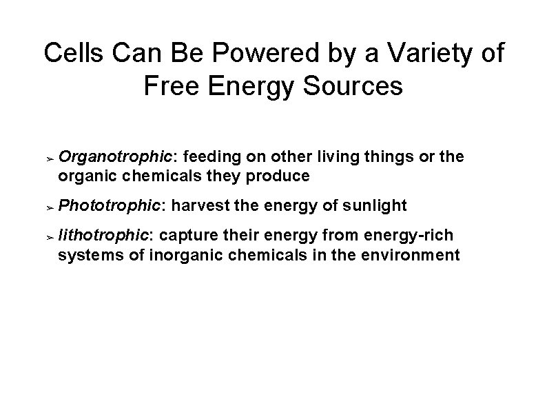 Cells Can Be Powered by a Variety of Free Energy Sources ➢ ➢ ➢