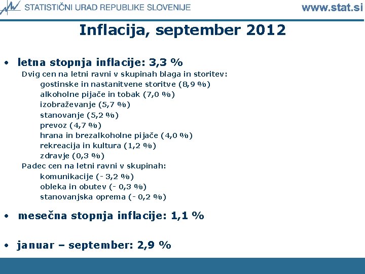 Inflacija, september 2012 • letna stopnja inflacije: 3, 3 % Dvig cen na letni