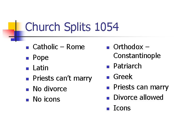 Church Splits 1054 n n n Catholic – Rome Pope Latin Priests can’t marry
