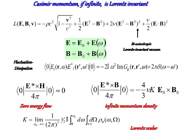 Casimir momentum, if infinite, is Lorentz invariant Bi-anisotropic Lorentz-invariant vacuum Fluctuation. Dissipation Zero energy
