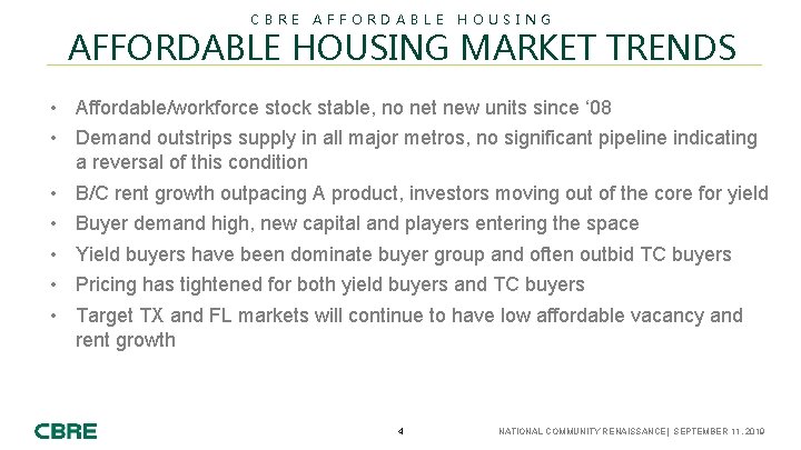 CBRE AFFORDABLE HOUSING MARKET TRENDS • Affordable/workforce stock stable, no net new units since