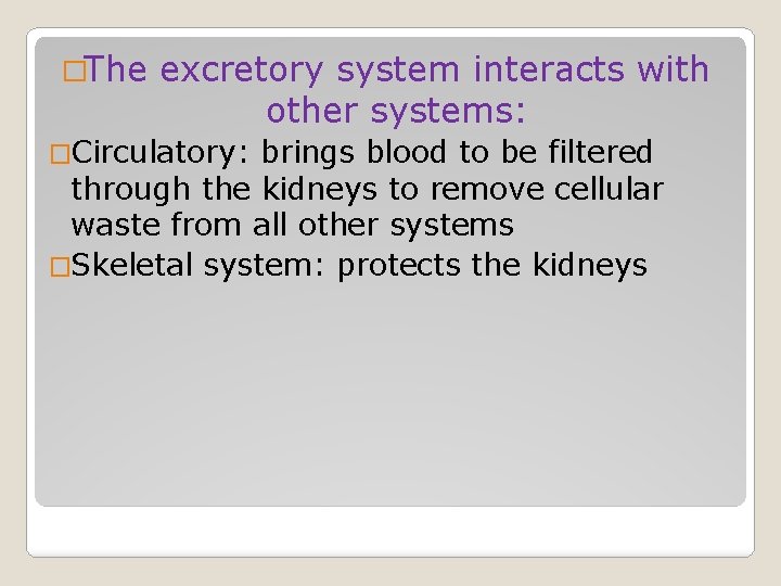 �The excretory system interacts with other systems: �Circulatory: brings blood to be filtered through