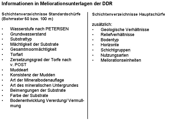 Informationen in Meliorationsunterlagen der DDR Schichtenverzeichnisse Standardschürfe (Bohrraster 50 bzw. 100 m) • •