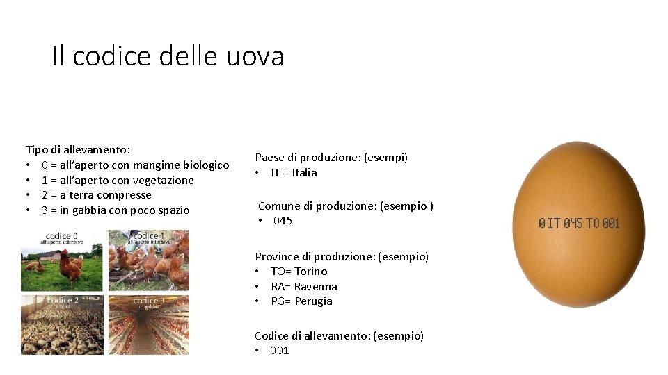 Il codice delle uova Tipo di allevamento: • 0 = all’aperto con mangime biologico